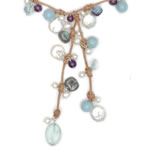 Beige leather, amazonite,fluorite pebbles,white pearls, coin pearls,amethyst, silver[3091]