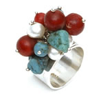  Coral, turquoise, silver beads and white pearls[4605]