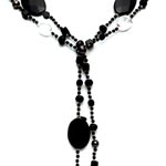 Knotted lariat with jet and clear crystals and obsidian stones, snowflake agate and black pearls[3102]