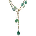 Aventurine, champagne and white pearl, prehnite, green crystals, silver,  black knotted [8100]