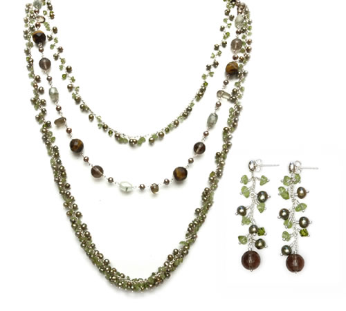 Long Necklace & Earrings, 3 strand