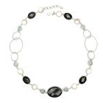 White coin pearl, green fluorite pebbles, silver loops,flat obsidian beads, white pearls[3506]