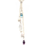Blue topaz and amethyst synthetic stones. clear crystal briolette, white pearls and sterling silver pom pom[2106]