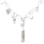 Clear briolette crystal, silver French loops, silver pom poms, white pearls, coin pearls, tumbled clear crystal and silver bell tassel[2102]