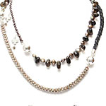 Chocolate leather, smoky quartz pebbles, cappuccino pearls, light copper pearls, crochet cotton and glass silver beads, clear crystal briolette in silver cone, tumbled obsidian charm, large round silver beads.[2001]