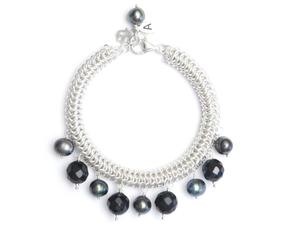 Silver Rolled Mesh Bracelet with Pearls and Stones