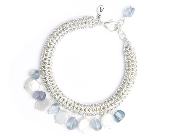 Silver Rolled Mesh Bracelet with Pearls and Stones Silver Rolled Mesh Bracelet with Pearls and Stones
