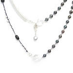 Black pearls, silver mesh, clear crystal quartz, obsidian and silver beads[8102]
