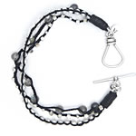 Labradorite, clear crystal, grey pearls, jf silver on black plaited linen[8110]