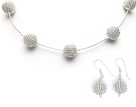 Pom Pom Necklace (silver) & Earrings